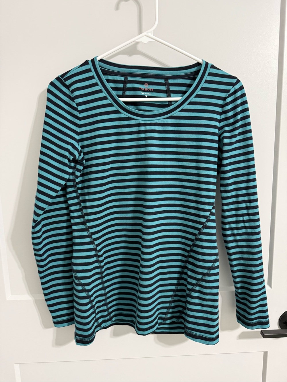 Talbots Teal Black Striped Long Sleeve Top Contrast Stitching Size S